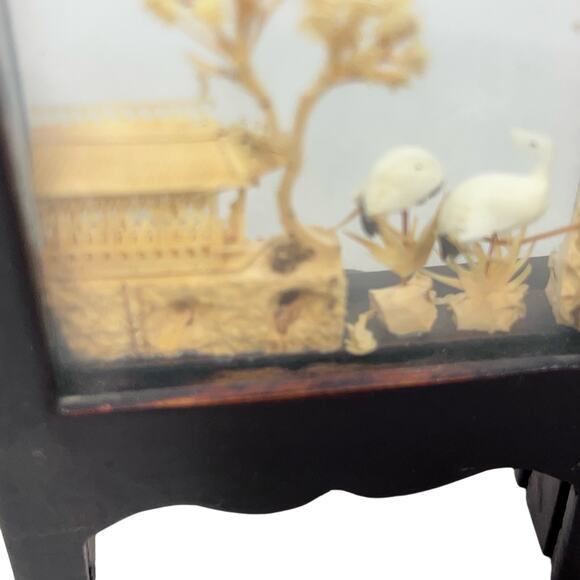 Vintage Asian Carved Cork Diorama Black Lacquer 4 Panel Mini Folding Screen - Picture 13 of 16